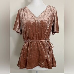 June Hudson Pink Velvet Wrap Tie Top Feminine Romantic Y2K Whimsy Laying Small